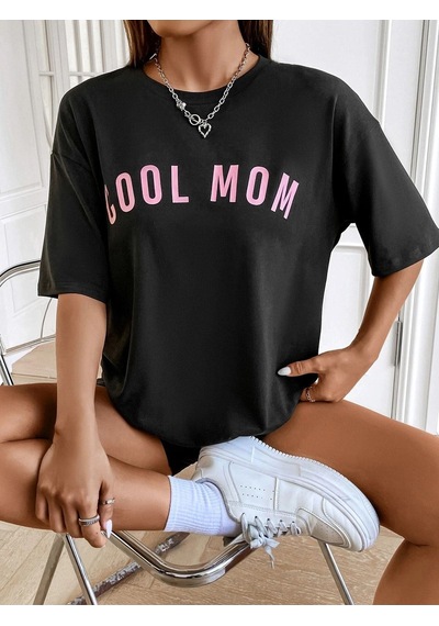 Cool Mom T-shirt - Siyah Baskılı Oversize Bisiklet Yaka Kısa Kol Tişört SIYAH