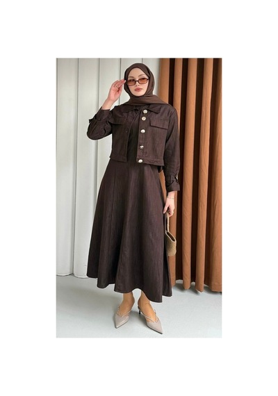 Hatun Kahverengi Gold Düğmeli Crop Ceket Ve Jile Kot Takım Bordo Bordo