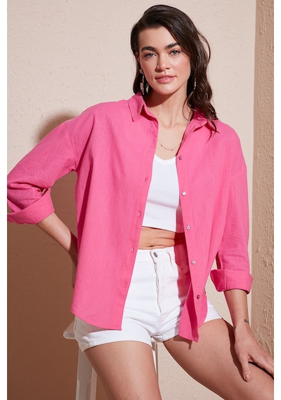 Lela Pamuklu Regular Fit Uzun Kollu Düz Bayan Gömlek Cf25S168305 Şeker Pembe