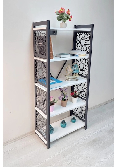 Desenli, Lazer Kesim, Metal, 5'li Raf,çiçeklik,kitaplık, Dolap Beyaz