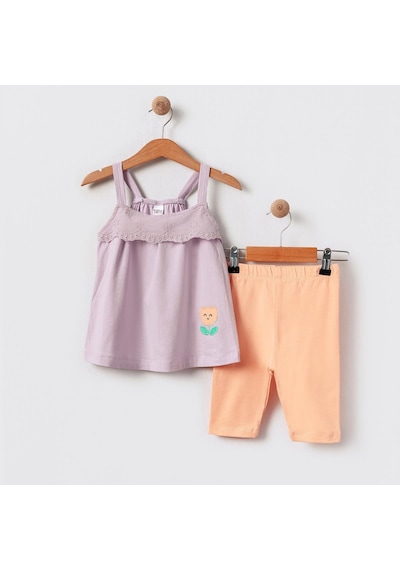 Kıpırık Baby Kız Bebek Çocuk Lila Dantel Asesuarlı Tişört Taytlı Takım-1156 Lila