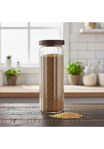 Akasya Kapaklı Uzun Çizgili Cam Kavanoz 1250 Ml Hava Geçirmez, Modern Fitilli Tasarım Gıda Açık Şeffaf