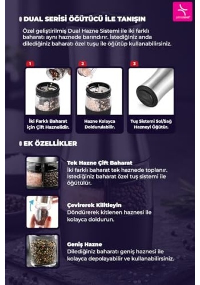 Paslanmaz Çelik Çift Hazneli Otomatik Tuz Karabiber Öğütücü Pilli - Metalik Diğer