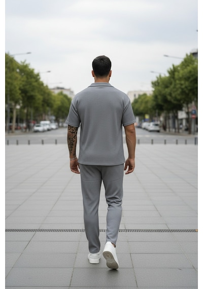 Fifty Color Unisex Trend Bürümcük Krinkıl Kumaş Yazlık Likralı Kısa Kol Gömlek Ve Eşofman Takım Gri