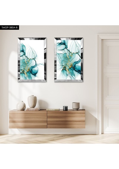 Gümüş Aynalı Pleksi Çerçeveli Modern Su Yeşili Soyut Dekoratif Desenli İkili Mdf Tablo Seti
