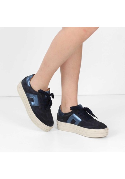 Kadın Lacivert Bağcıklı Kalın Tabanlı Süet Deri Sneaker