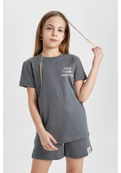 Defacto Kız Çocuk Baskılı Kısa Kollu Şort 2li Pijama Takımı C1956a824spgr449 Gri