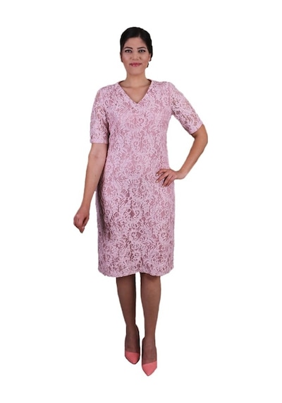 Nidya Moda Büyük Beden Kadın Pembe Dantel Elbise-4161P Pembe