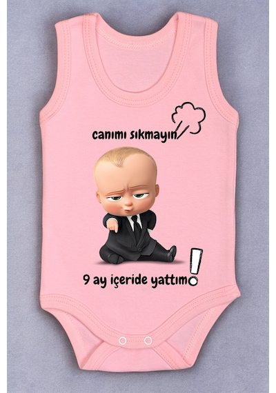 Bebetospik %100 Pamuk 9 Ay İçeride Yattım Baskılı Zıbın & Body Pembe