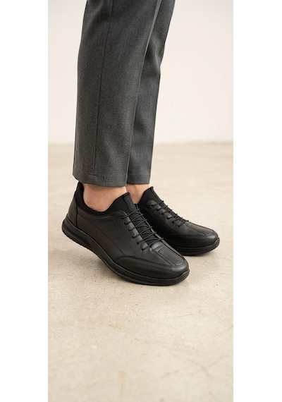 Beren Erkek Hakiki Deri Siyah Esnek Boğazlı Casual Ayakkabı Ortopedik Taban Sneaker