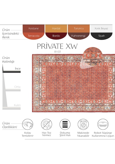 Cool Halı Private Xw Kiremit Vintage Eskitme Şönil İnce Makinada Yıkanabilir Salon Halısı