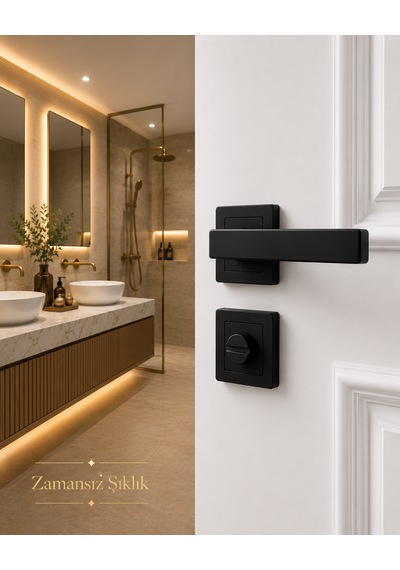 Mat Siyah Kare Rozetli Wc Banyo Kapı Kolu Alüminyum Yapı Modern Tasarım