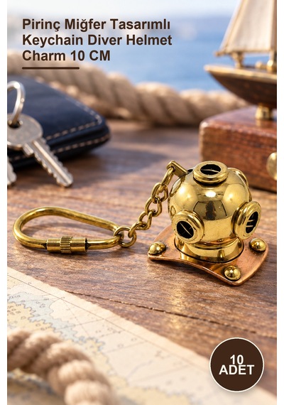 10 Adet Pirinç Dalgıç Başlığı Anahtarlık Pirinç Miğfer Tasarımlı Keychain Diver Helmet Charm 10 Cm