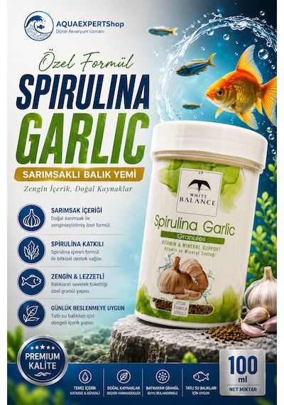 White Balance Spirulina Garlic Granül Balık Yemi - Sarımsak Ve Spirulina İçerikli Özel Formül - Premium Balık Yemi - 100 Ml