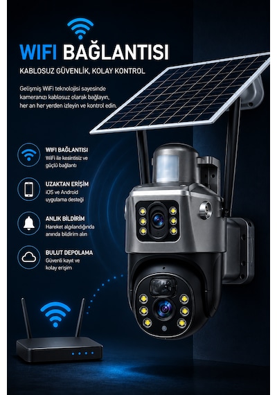 Wifi 3 Kameralı Solar Panelli İkaz Lambalı Gece Görüşlü Güvenlik Kamerası
