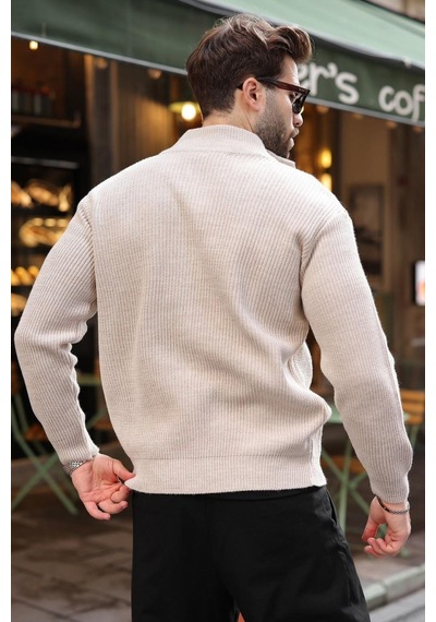 Madmext Taş Çift Fermuarlı Örme Dik Yaka Erkek Triko Hırka E7521 Taş Rengi