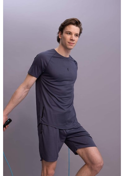Defacto DeFactoFit Slim Fit Yaka Baskılı Sporcu Kısa Kollu Tişört V2887AZ23SPIN234 İndigo