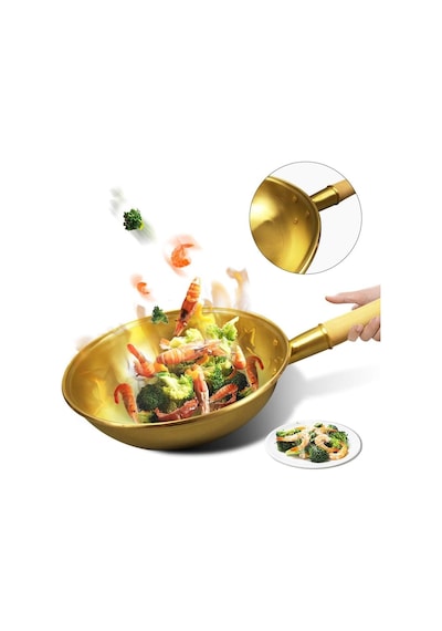 Bakır Wok Pan 36cm El Yapımı Çin Stir Fry Pan Geleneksel Pişirme Potası Diğer