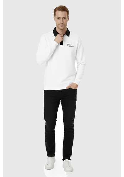Rizzup Erkek Beyaz Relax Fit İçi Polarlı Polo Yaka Sweatshirt Pamuklu Kalın Sweatshirt 2600762