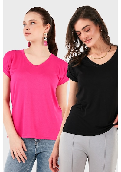 Lela V Yaka Relaxed Fit Yırtmaç Detaylı 2'Li Paket Bayan Bluz 5862000S2 Siyah-Fuşya