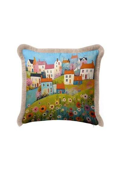 Çiçekli Köy Manzaralı Pastel Saçaklı Yastık Kılıfı - Kır Evleri Boho Krem Püsküllü Kırlent Kılıfı Sakin Esinti Aura Çiçekli Köy Manzaralı Pastel Saçaklı Yastık Kılıfı - Kır Evleri Boho Krem Püsküllü Kırlent Kılıfı Sakin Esinti Aura