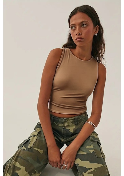 Tarz Cool Kadın Atlet Düz Basic Crop Kolsuz T-shirt Taş