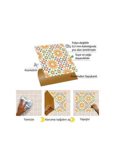 Tink KENDİNDEN YAPIŞKANLI TURUNCU ÇİÇEK BAHÇESİ DESENLİ PVC KARO 30X3