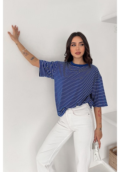 Noa & Noa Kadın Oversize Çizgili Tişört Monochrome Ease Mavi
