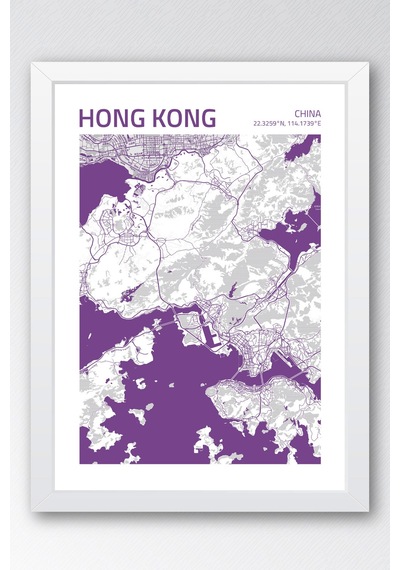 Hong Kong China Haritası Çerçeveli Tablo Lüks Salon Ofis Duvar Dekorasyonu Hediyelik Tablo Beyaz