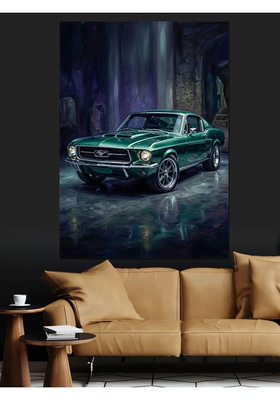 Gece Işıkları Altında Yeşil Mustang Dekoratif Kanvas - Mdf Ahşap Tablo