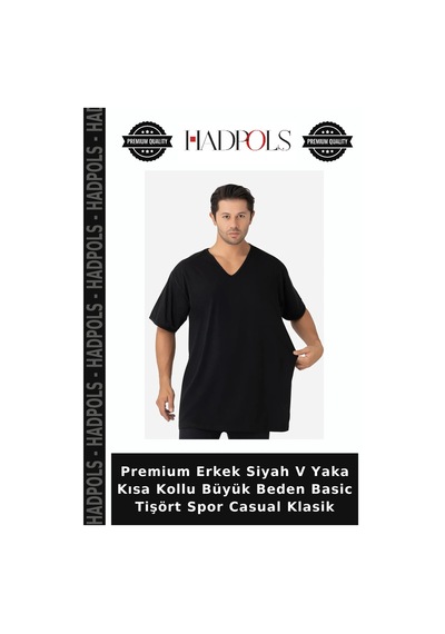 Hadpols Premium Erkek Siyah V Yaka Kısa Kollu Büyük Beden Basic Tişört Spor Casual Klasik