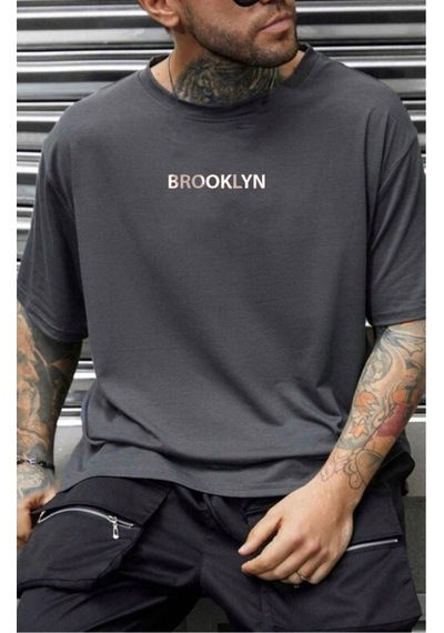 Flood Of Style Erkek Füme Brooklyn Baskılı Oversize Gri