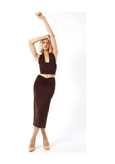 Gugus Kadın Sandy Kumaş İçi Astarlı Maxi Boy Büzgülü Etek 85 Cm Kahverengi