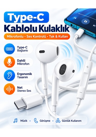 Type-c Girişli Kablolu Kulaklık Mikrofonlu Kulak İçi Kulaklık Ses Kontrol Tuşlu Telefon Tablet Uyumlu Usb-c Kulaklık