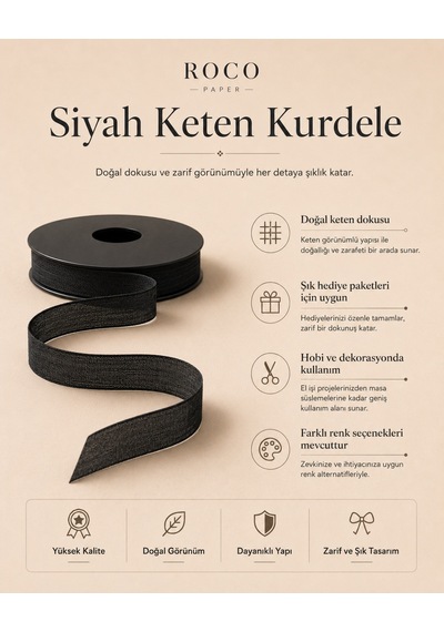 Siyah Keten Kurdele 2,5 Cm X 20 Metre, Hediye Paketi Ve Hobi Şeridi, Ambalaj Ve Süsleme Kurdelesi