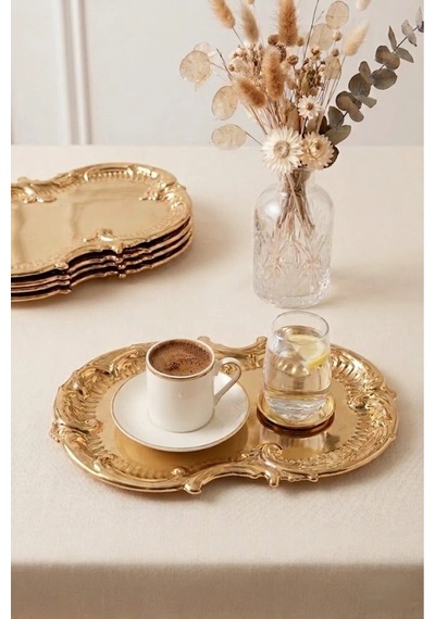 6'lı Bulut Gold İşlemeli Vintage Tepsi,şık Servis Tabağı-sunum Tepsisi Sunumluk 31 Cm Altın