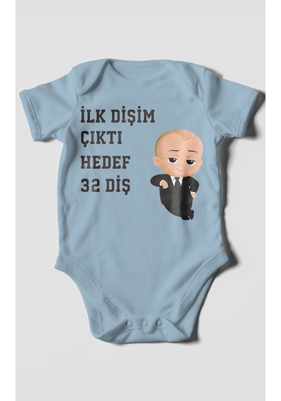 Morivokids İlk Dişim Çıktı Hedef 32 Diş Kısa Kollu Bebek Body Bebe Mavisi