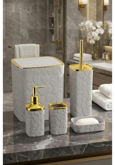 Makri Home 5 Parça Banyo Seti, Kalp Desenli, Gri Gold, Kare, Click Kapaklı, Hacim: 8 Litre Altın - Gri
