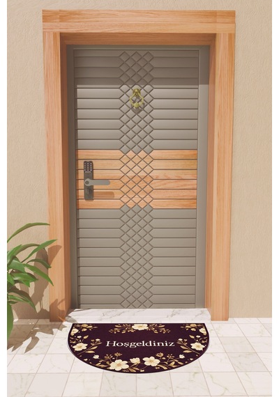 Rugmood Modern Dijital Paspas Bordo Çiçekli Yarım Ay Paspas - Kapı Önü Paspası