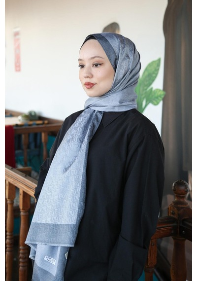 Premium Lux Original Monogram Şal İpek Vual, Yüksek Kalite, Hafif, Rahat, Şık, Tesettür, Shawl Gri & Koyu Gri