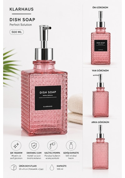 Premium Kare Desenli Silver Pompalı Cam Sıvı Sabunluk 500ml - 23 X 7 X 7 Cm Pembe