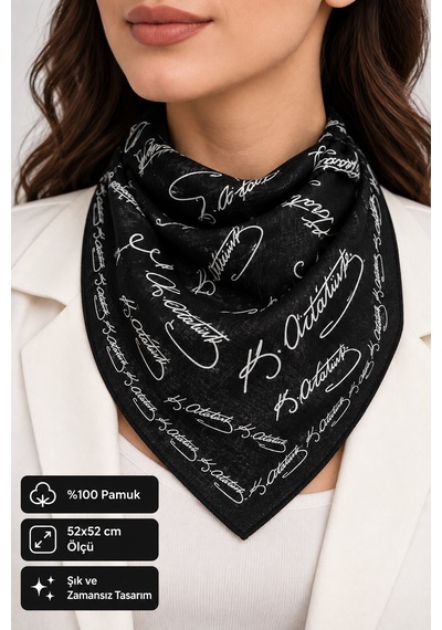 Herşeynota Atatürk İmza Desenli Siyah Pamuk Fular 52x52 Cm Çok Amaçlı Bandana Okul, Etkinlik, Tören, Gösteri Çok Renkli