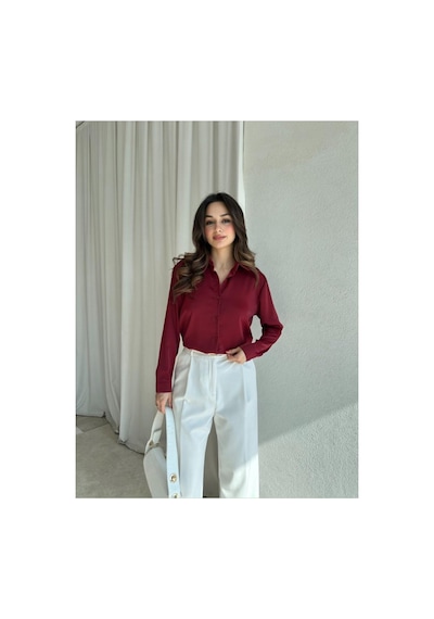 Rabia Çelik Kadın Bordo Düğmeli Saten Gömlek Bordo Bordo