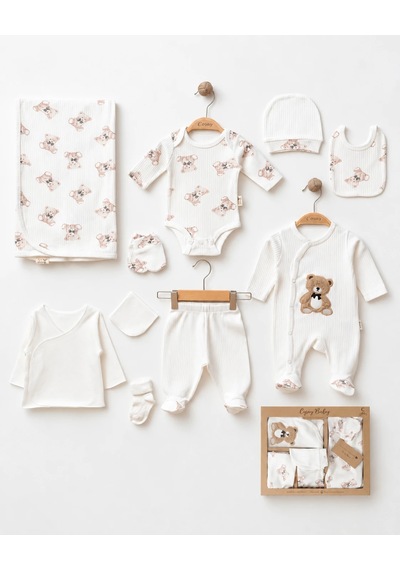 Eray Alp Kids Erkek Bebek Ayıcık Desenli Hastane Çıkışı 10'lu Set Beyaz