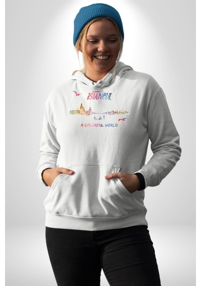 İstanbul Özel Tasarım Kadın Erkek Beyaz Kapüşonlu Sweatshirt Hoodie Beyaz