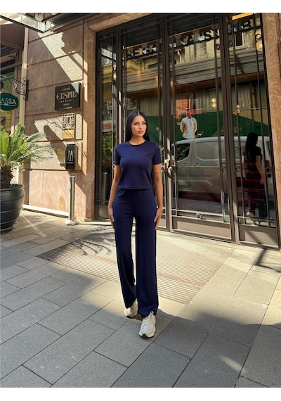 WeShaya Lacivert Polyester Keten Palazzo Takım Lacivert