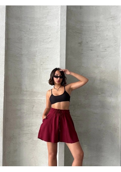By Mop Volanlı Keten Şort Bordo S255058 Bordo