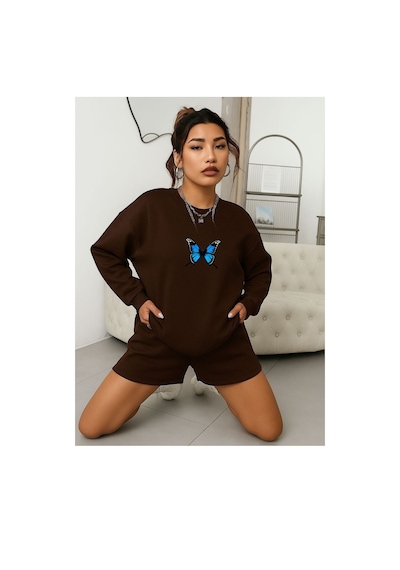 Benroma 3 İplik Penye Kelebek Baskılı Unisex Sweatshırt Kahverengi