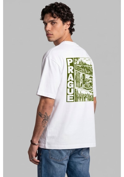 Black Nova Oversize Baskılı Unisex Tişört Prague Stamp Beyaz