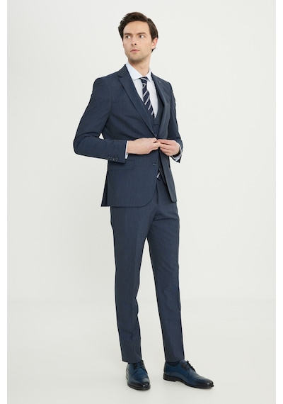 AC&Co / Altınyıldız Classics Erkek Lacı Slim Fit Dar Kesim Mono Yaka Yelekli Takım Elbise Lacı Lacivert